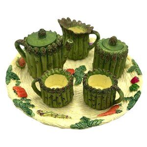 Vtg 90s Miniature Resin Asparagus Tea Set w/ Plate Mini Garden Cottage Dollhouse